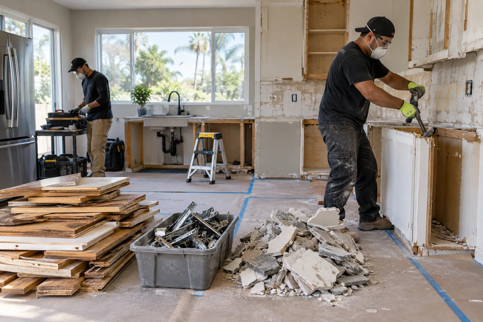Crew carefully removing kitchen cabinets with materials separated